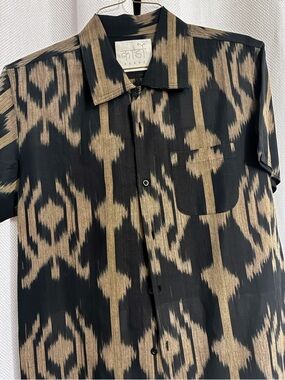 Kardo Men’s Large Handmade Ikat Camp Shirt Black Tan Cotton Button Up India